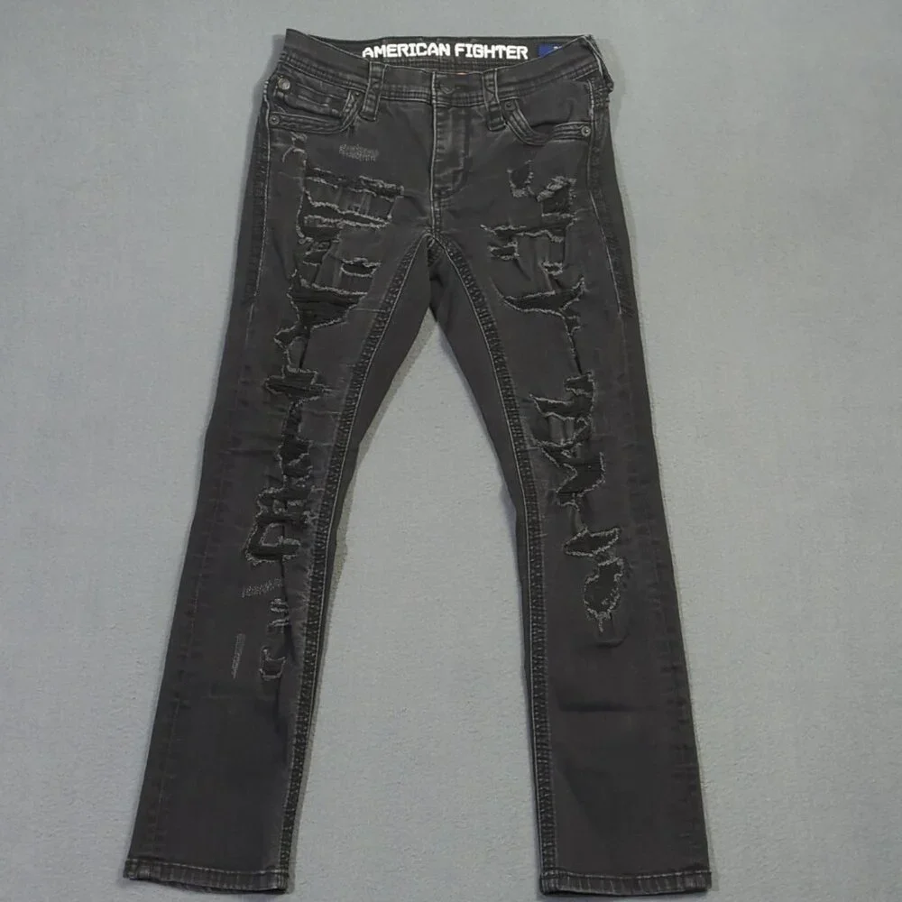 American Fighter Jeans Men's 28 Short Black Striker Relaxed Straight Distressed